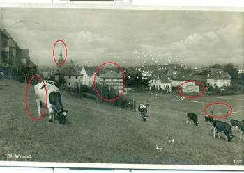 St. Wendel Postkarte znaczek pieczątka kościół domy 1942 r