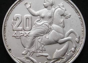 GRECJA 20 DRACHM 1960 - KRÓL PAWEŁ - DELFIN  - SREBRO - STAN 2