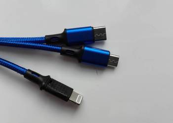 Kabel USB 3w1, USB-C, microUSB, Lightning, 115cm, niebieski,
