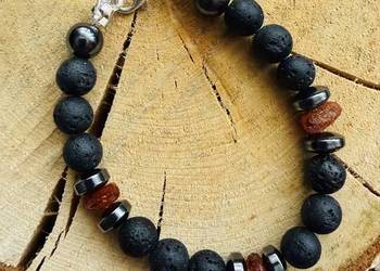 Bransoletka z kamienia lawy , hematytu, bursztynu