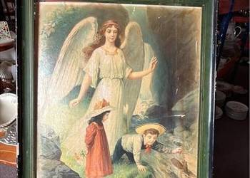 Anioł Opiekuńczy z dziećmi.  Obraz na dykcie.  Reprodukcja.