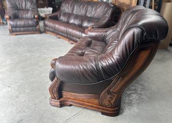 Masywny ciężki wypoczynek ze skóry na dębowym stelażu 3+2+1