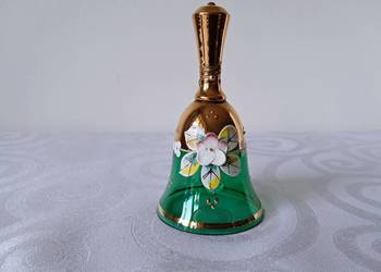 Dzwonek szklany bohemia zielony złocony kwiat czechosłowacja vintage