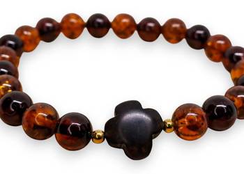 Bransoletka z bursztynu, BURSZTYN kulka, koniczyna wiśnia koniak #1483