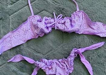 Piękne liliowe bikini strój kąpielowy Calzedonia kokardki fiolet XS