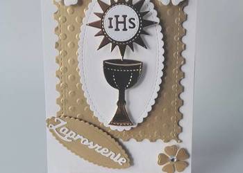 ZAPROSZENIA KOMUNIA UNIWERSALNE IHS SŁONECZKO KIELICH C6 ZŁOTO – BIEL