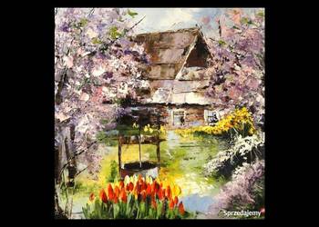 Kowalik - Wiosna - 30x30cm Obraz Olejny Pejzaż Domek Chatka Ogród