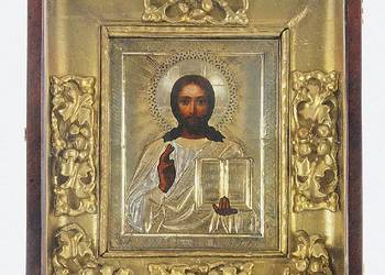 Ikona - Chrystus Pantokrator, w okładzie srebrnym i kiocie w