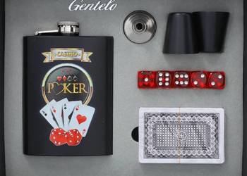 Czarna Piersiówka z Kieliszkami i Lejkiem w Zestawie z Kartami i Kośćmi