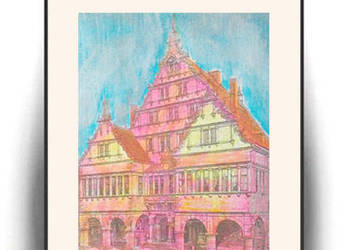 miasto obrazek A4, kamieniczka plakat vintage obraz z domami, architektura