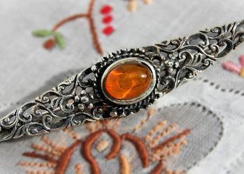 Stara broszka wiktoriańska, bursztyn bałtycki, srebro 925, PRL vintage