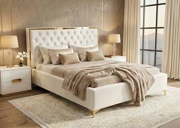 Łóżko z pikowanym zagłówkiem złote białe 180x200 + pojemnik