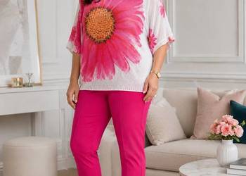 Sweterek kimono oversize ażurowy różowy kwiat plus size biust 140 cm damski