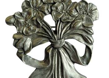 VINTAGE BROSZKA CYNA JUBILERSKA SEAGULL PEWTER PANSIES IN RIBBON 1989