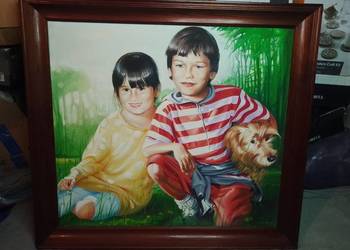 Obraz olejny. 3D. Dzieci, pies, natura. Barwny. Wyrazisty. 65x73 cm.