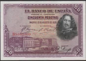 Hiszpania 50 peset 1928 - B5,9 - Velazquez - stan 1/2