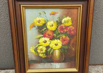 96 Stary obraz olej na płótnie martwa natura kwiaty 30x35cm S. Banton