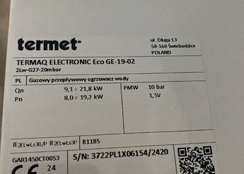 Gazowy podgrzewacz wody Termet TERMAQ ELECTRONIC Eco GE-19-02