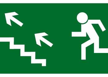 Naklejka BHP kierunek do wyjścia drogi ewakuacyjnej schodami w górę w lewo…