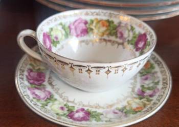 Filiżanka na spodku. Rożyczki na bialej porcelanie