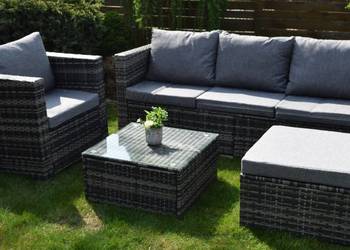 Zestaw mebli ogrodowych szary technorattan sofa+ fotel +pufa