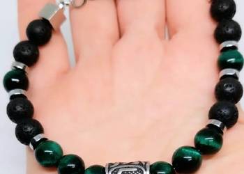 BRANSOLETKA RUNA URUZ ZAPIĘCIE STAL 316L KAMIEŃ TYGRYSIE OKO LAWA MĘSKA