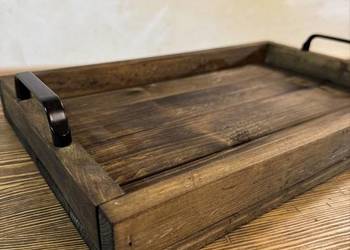 Rustykalna taca drewniana z uchwytami – ręcznie robiona, loft/boho