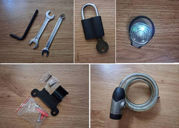 Zestaw do roweru klucze blokada linka lampka kłódka mocowanie pompki