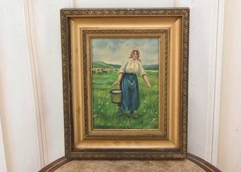 Józef Chełmoński Pejzaż Polskiej Wsi - Kobieta z Wiadrem Mleka Obraz Olejny