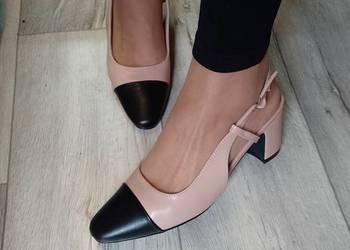 (40)Beżowo - czarne czółenka wieczorowe z odkrytą piętą, NOWE