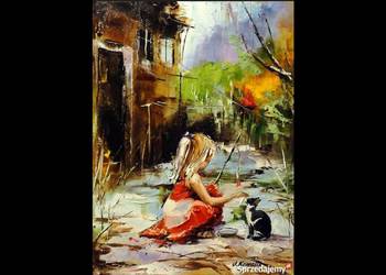 Kowalik - Zabawa - 30x40cm Obraz Olejny Kotek Dziewczynka