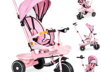 Rowerek trójkołowy spacerówka 2w1 obracane siedzisko składany daszek różow…