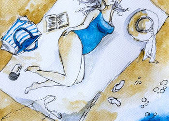 "Body positive 3" akwarela - kobieta, plaża, morze, wakacje