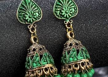 Kolczyki indyjskie jhumka jhumki wiszące etno boho hippie folk zielone złot