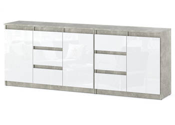 Komoda Z 6 Szufladami Nowoczesna Salon Sypialnia 200cm Beton Biały Połysk