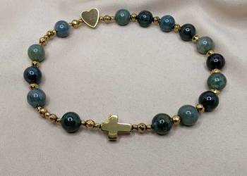 Bransoletka różaniec kamienie agat mszysty krzyżyk serduszko prezent pamiąt