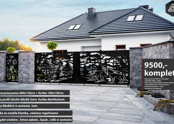Brama przesuwna 4m Wilki las + furtka –malowana proszkowo, komplet CNC