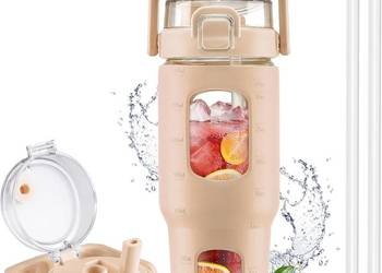 HYDRAGLAZIC Szklana butelka na wodę 960ml z pokrywką słomką