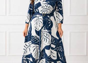 Sukienka plus size granatliście pasek dekolt V biust 112 cm długość 122 cm