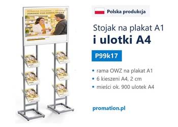 Stojak ekspozycyjny na ulotki i plakat | 6 miejsc na A4, plakat A1 poziomo
