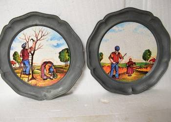 Talerze cynowe - ,,Prace sezonowe'' z lat - 70 - 80 tych ,średnica 22,5 cm