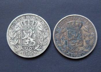 Belgia. Dwie srebrne monety o nominale 5 Franków.