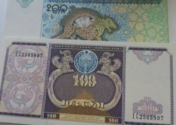 UZBEKISTAN-2 BANKNOTY-100 CYM,200 CYM, CAŁE ,ŁADNE