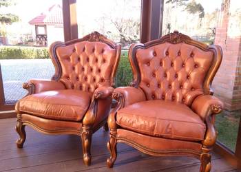 Fotele Ludwik/Barok Rzeźbione Skóra Antyk Stan BDB