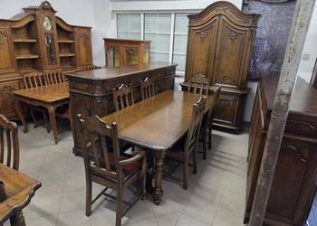 Rzeźbiony zestaw 100% dębowy do jadalni komoda witryna stół 6 krzeseł meble