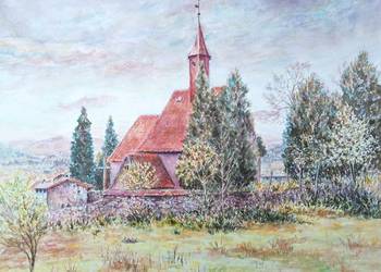 akwarela, pejzaż, Kościółek, góry, obraz akwarelowy