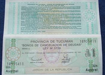 ARGENTYNA TUCUMAN 1 AUSTRAL Kolekcjon. Banknot - 1 szt UNC