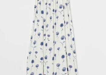 Prosta sukienka H&M L 40 biała w kwiaty niebieskie na lato bawełna wiskoza