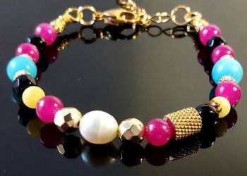 BRANSOLETKA STAL SZLACHETNA 316L PERŁA BURSZTYN KAMIEŃ UNIKAT PUDEŁKO