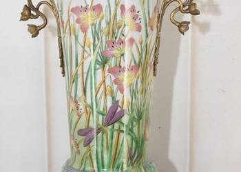 Zielony Porcelanowy Wazon Kwiaty - Motyle - Porcelana + Brąz - Sygnowany